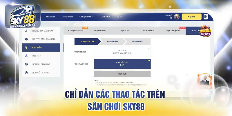 Chỉ dẫn các thao tác trên sân chơi SKY88